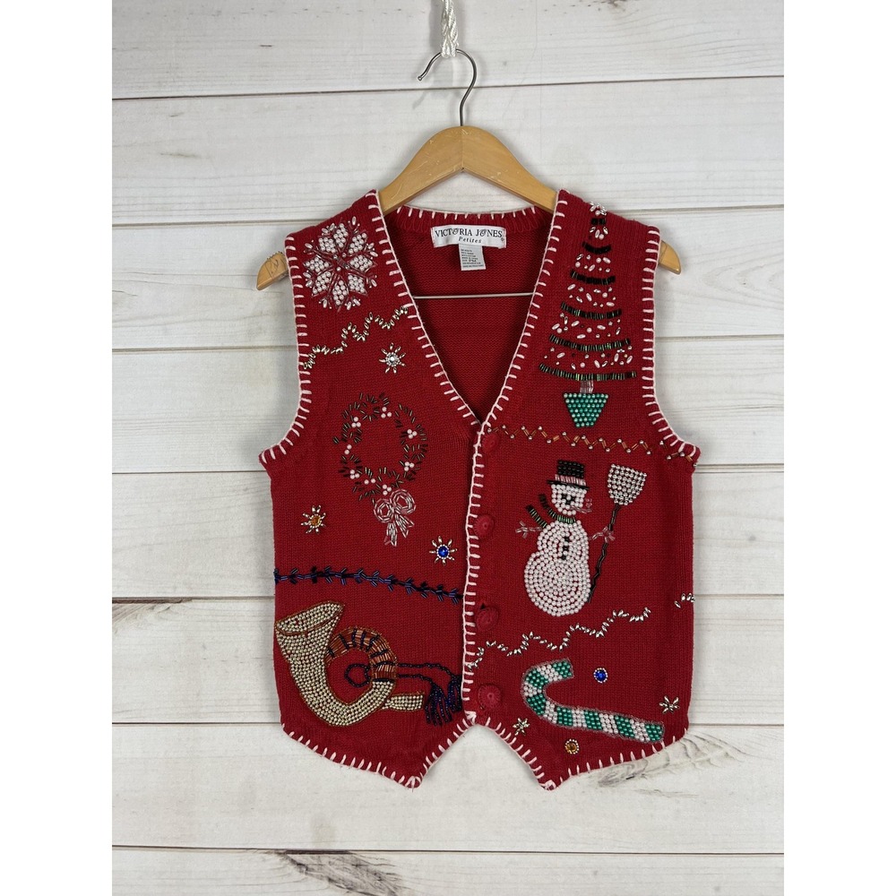 Victoria Jones Sweater Vest Womens Petite Medium Red Beaded Christmas Ugly Knit